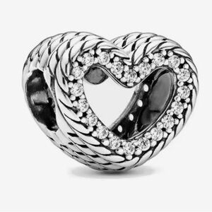 .925 Sterling Silver Twisted Silver Heart Charm with Sparkling Accents